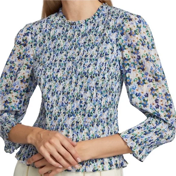 Veronica Beard Kali Smocked Blue and White Floral Blouse Women’s Size 14 - Picture 1 of 14